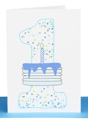1st birthday card blue cake confetti