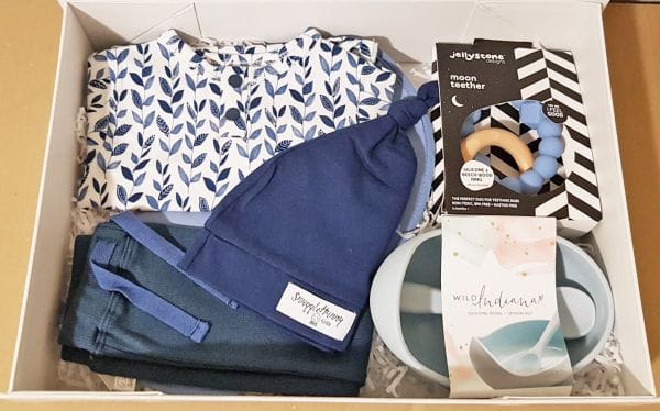 baby boy blue hamper baby gift box with bowl teething toy clothing and bib