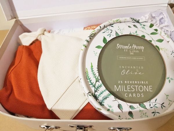 Small Snuggle Hunny Kids suitcase hamper baby boy neutral gift box clothing hat and milestone cards