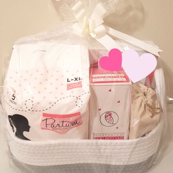 postpartum essentials hamper gift basket for new mums with partum panties, peri bottle and silicone milk collector