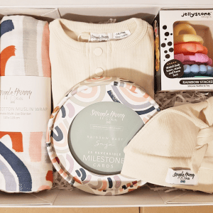 Rainbow baby hamper magnetic gift box teething toy milestone cards clothing and swaddle muslin wrap