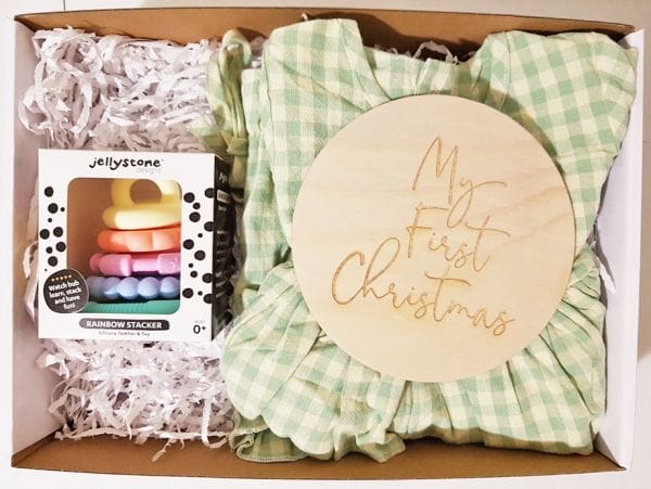 my first christmas window hamper baby gift box with teething toy clothing and plaque