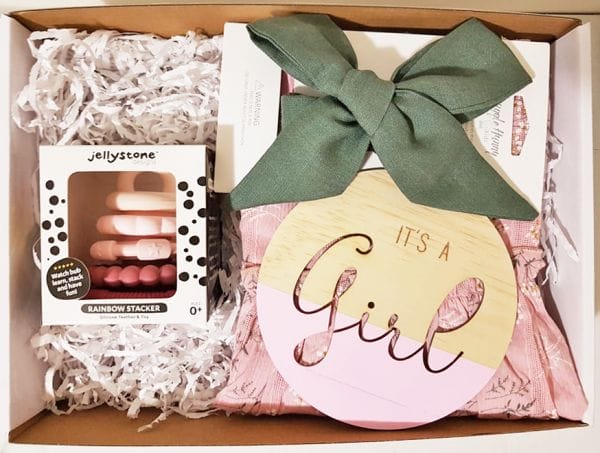 new baby window hamper gift box with teething toy clothing and its a girl plaque