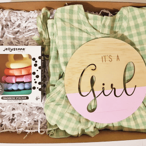 its a girl window hamper gift box with teething toy clothing and plaque