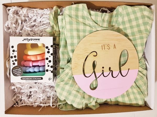 its a girl window hamper gift box with teething toy clothing and plaque