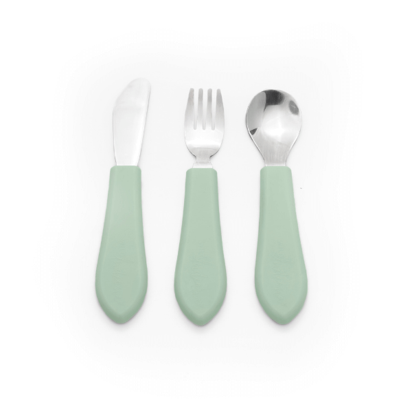 Silicone and metal cutlery set for toddlers in sage green