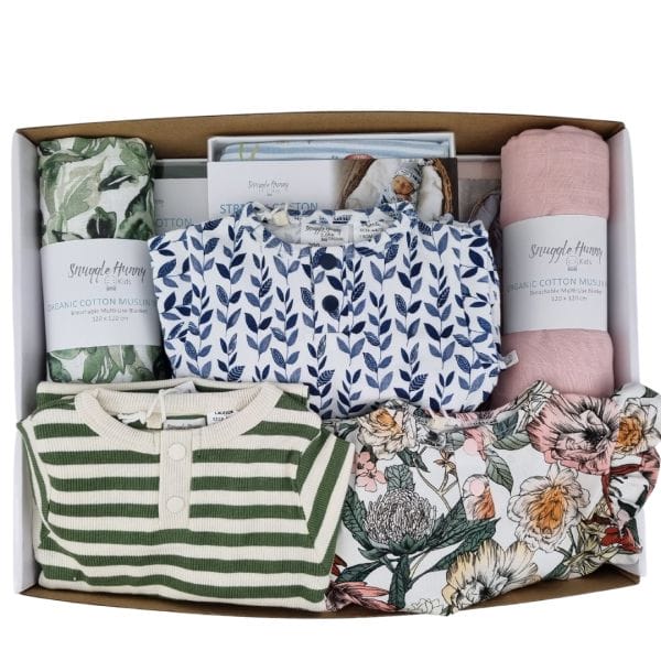 Triplet Baby Hamper Australia with clothing and baby swaddles